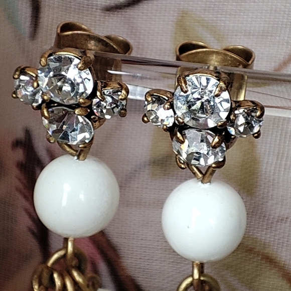 J. Crew Teardrop Eggshell Color Acrylic Brass Tone Rhinestone Pierced Earrings - Picture 7 of 12